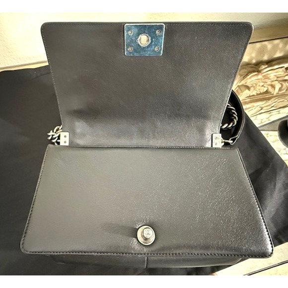 Chanel TWEED WOVEN Medium Boy Flap Bag Embellished Black Lambskin Box & Dustbag - Picture 10 of 16